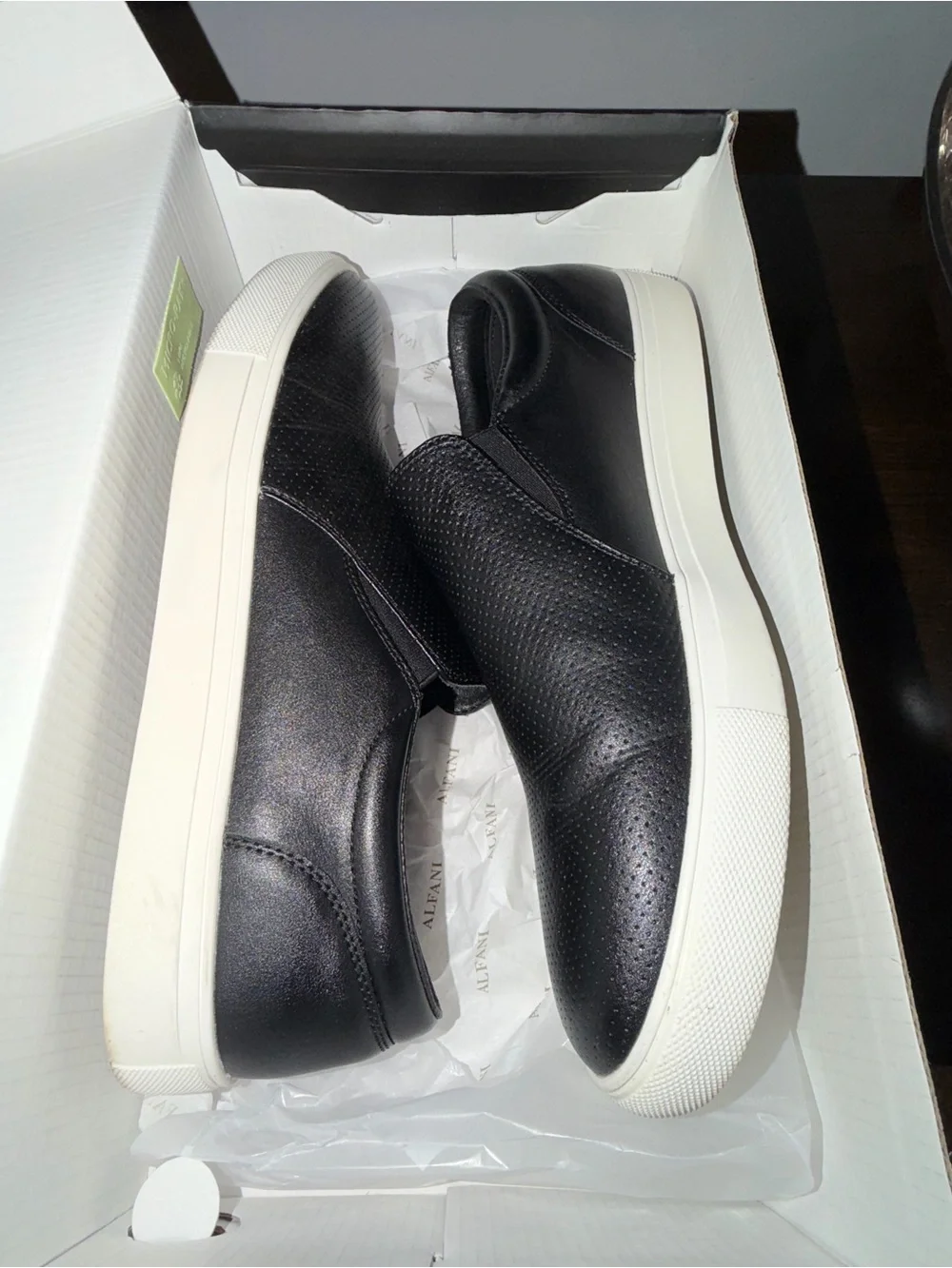 Alfani Black Slip-On Perforated Leather Sneakers with White Sole